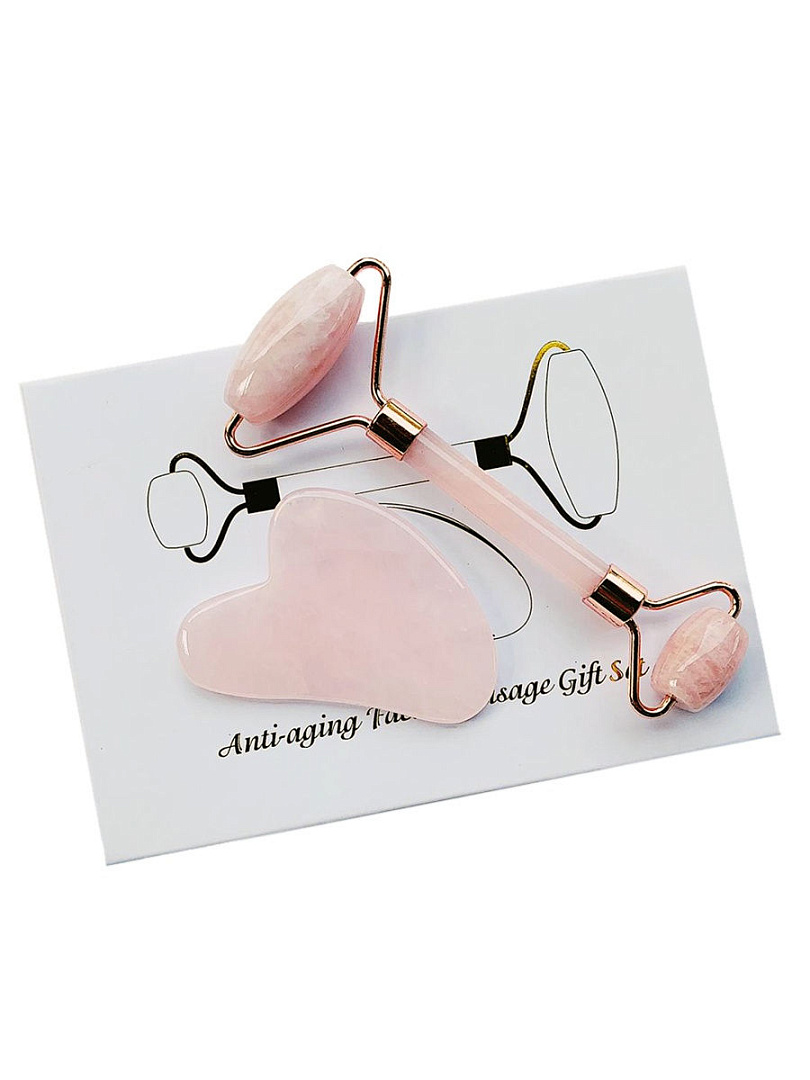 Набор Гуаша Роллер + Скребок "Сердце", розовый кварц (натуральный камень), массажёры, скребки